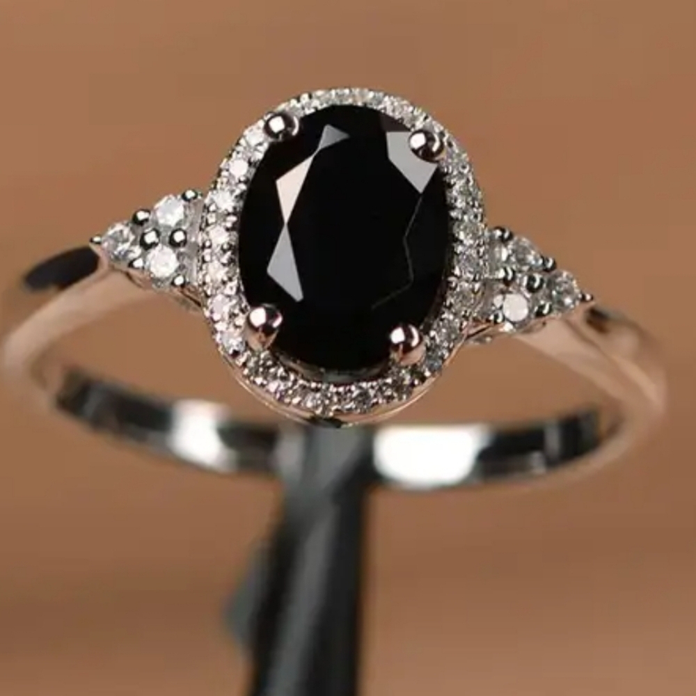 Black Stone Silver Tone Diamond Faux Halo Ring